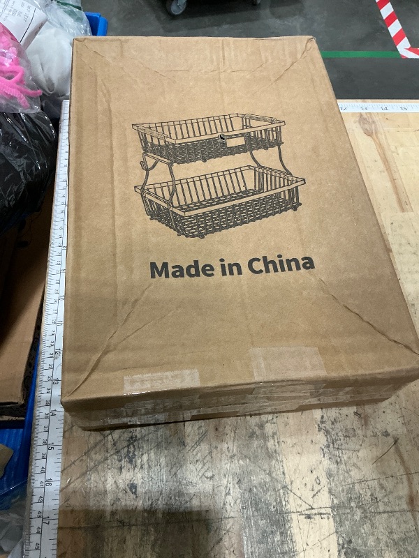 Photo 1 of 2 Tier Fruit Basket for Kitchen Counter with 2 Banana Hangers, Countertop Metal Bread Basket with Wooden Handle, Large Storage Stand for Vegetables, Snacks, Eggs, Produce Storage – White