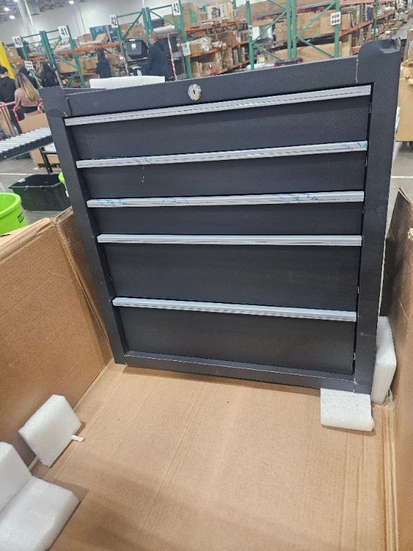 Photo 1 of ( Stock photo for reference ) 7-Drawer Rolling Tool Chest, Tool Box with 4 Wheels and Drawers, High Capacity Detachable Mobile Tool Storage Cabinet for Garage, Workshop, Mechanics and Repair Room (Black) **Item is dented from shipping on top corner and bo