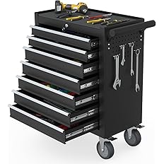 Photo 1 of ( Stock photo for reference ) 7-Drawer Rolling Tool Chest, Tool Box with 4 Wheels and Drawers, High Capacity Detachable Mobile Tool Storage Cabinet for Garage, Workshop, Mechanics and Repair Room (Black) **Item is dented from shipping on top corner and bo