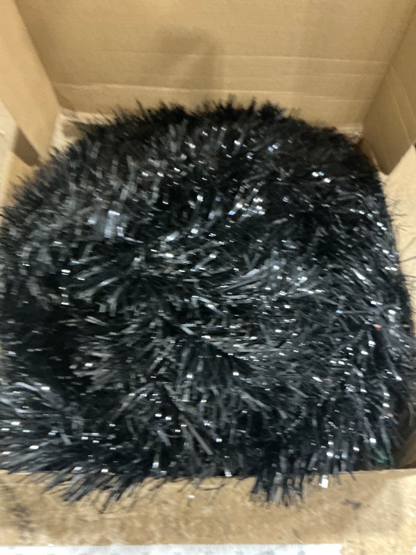 Photo 1 of [Timer& Pumpkin] 6 Ft Black Tinsel Halloween Tree with 60 LED Orange Purple Lights, Pop Up Artificial Pencil Tree with Lantern Topper & 15 Jack-O Pumpkin Balls Ornaments for Halloween Decor Indoor