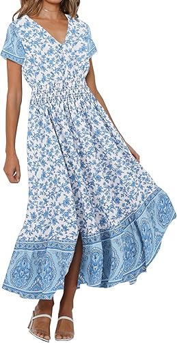 Photo 1 of  Women's Summer Short Sleeve Cotton Print Button Up Bohemian Midi Dress