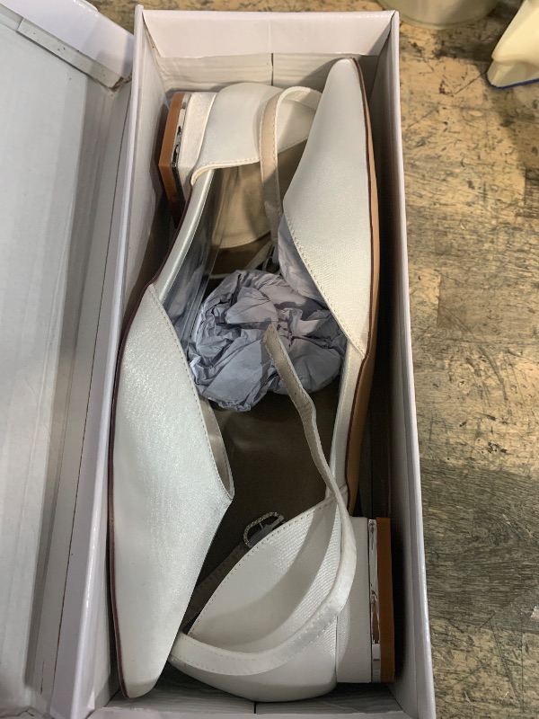 Photo 1 of **SHOWS SIGNS OF USAGE/UNKNOWN DAMAGES**  Women's Pointed Toe Bridal Pumps Satin Flats Ankle Strap Wedding Flats Prom Evening Party Dress Pumps for Bride Ivory