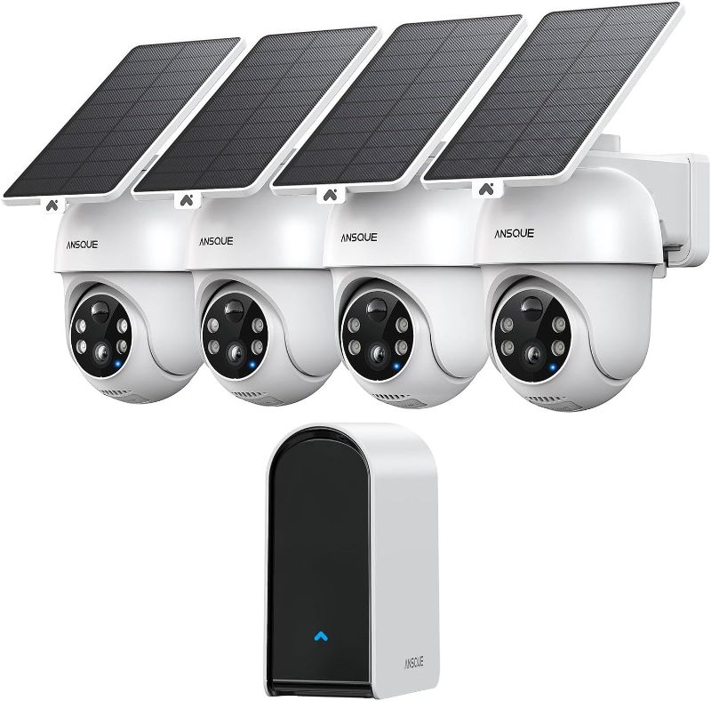 Photo 1 of ***MISSING BRACKETS AND MANUAL**ANSQUE Security Cameras Wireless Outdoor Home System, 4 Camera Kit, No Subscription Fees, Solar Powered, Local Storage, 365-Day Battery Life, 360°PTZ Surveillance, Auto Tracking, 2K Color Night Vision