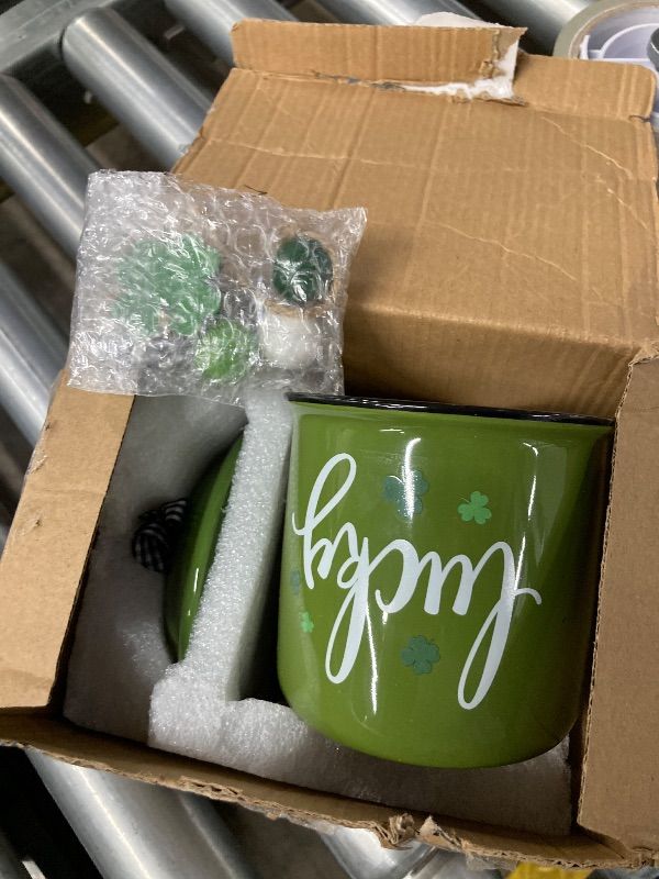 Photo 1 of **PRINT IS UPSIDE DOWN***Nefelibata Irish/St. Patrick's Day Green Ceramic Canister Jar - St. Patrick's Day Decor - Lucky Shamrock Canister - Buffalo Plaid Bowknot - Candy Holder - Table Centerpiece - 4.9" H x 3.7" W