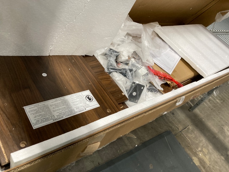 Photo 1 of ***MISSING PIECES -SELLING AS INCOMPLETE PARTS ONLY*** Walker Edison Saxon Mid Century Modern 2 Door Glass Shelf TV Stand for TVs up to 80 Inches, 70 Inch, Dark Walnut