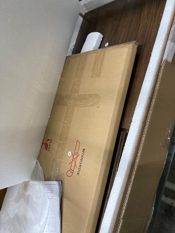 Photo 1 of ***MISSING PIECES -SELLING AS INCOMPLETE PARTS ONLY*** Walker Edison Saxon Mid Century Modern 2 Door Glass Shelf TV Stand for TVs up to 80 Inches, 70 Inch, Dark Walnut