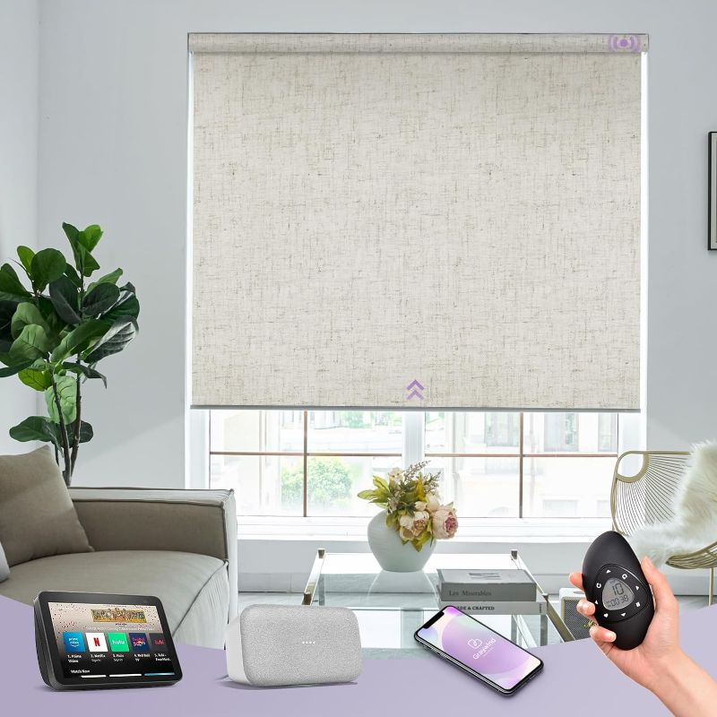 Photo 1 of ***BENT***Graywind Motorized Roller Shades 100% Blackout Free Stop Window Shades Cordless Wireless Remote Control Window Roller Blinds with Valance for Smart Home and Office, Customized Size, Linen Beige***BENT***