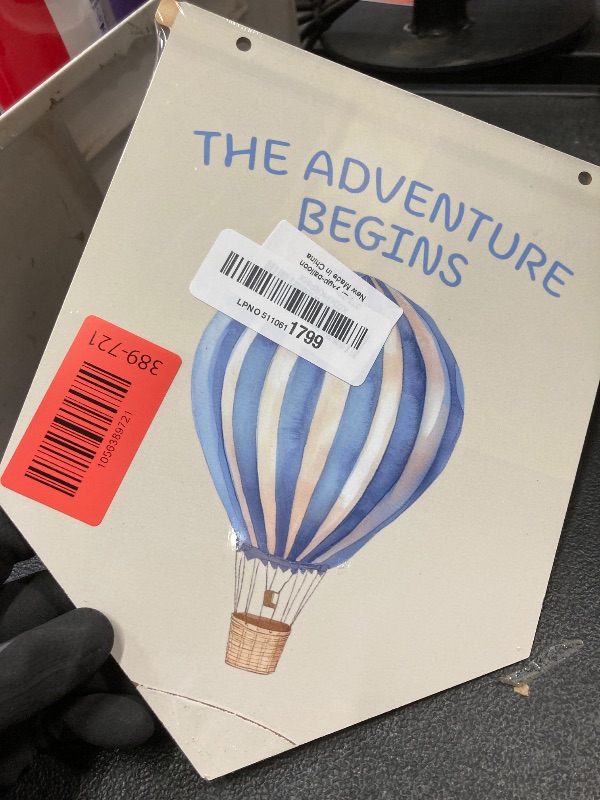 Photo 1 of *Minor damaged/scratched* MOTERMATE Hot Air Balloon Nursery Sign Decor, Baby Boy Girl Toddler Room Front Door Wall Hanging Decor Decorations for Boys Girls Bedroom Nursery Playroom, The Adventure Begins Sings, 8x10 Inch