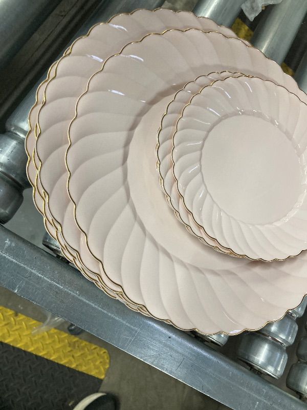 Photo 1 of ***USED-MISSING PIECES SELLING AS IS*** YOUBETPink Plastic Plates with Gold Rim - Scalloped Plastic Plates Set Includes 9 Dinner, 4 Dessert Plate, for for Wedding Birthday Baby Shower Mothers Day