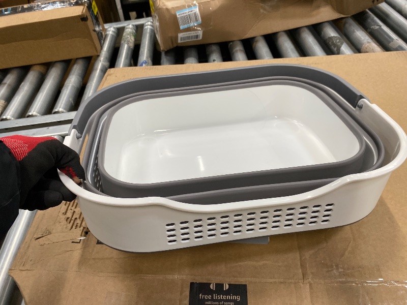 Photo 1 of  Collapsible Washing Tub with Handle 13L (3.4 Gallon) - Portable Outdoor Picnic Basin – Foldable Space Saving Storage Container for Dishing, Camping & Home (White/Grey)