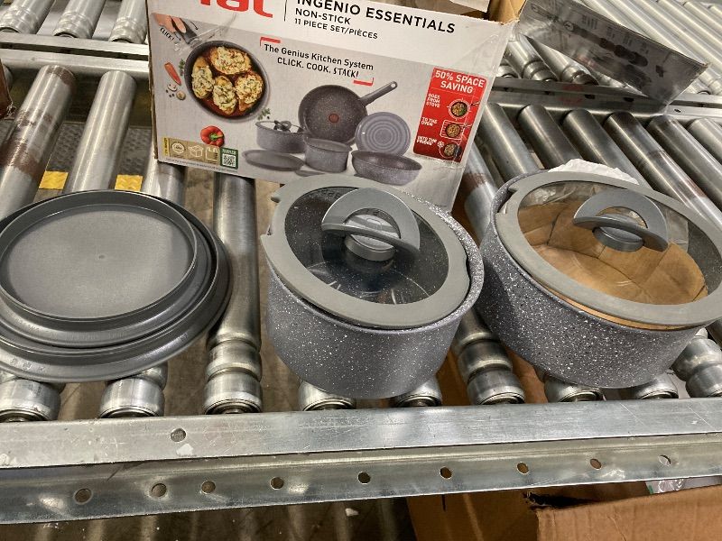 Photo 1 of **MISSING PARTS/2 POTS ONLY***T-fal Ingenio Essentials Cookware Set with Detachable/Removable Handle 11 Piece, Granite Titanium Non Stick, Oven Broiler Safe 500F, Stackable, Pots and Pans Set, Frying Pans, Dishwasher Safe, Gray