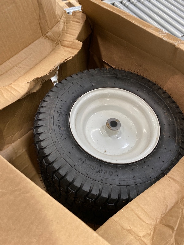 Photo 1 of (2-Pack) 16x6.50-8 Pneumatic Tires on Rim - Universal Fit Lawn Mower and Yard Tractor Wheels - With Chevron Turf Treads - 3" Centered Hub and 3/4" Bushings - 396 lbs Max Weight Capacity