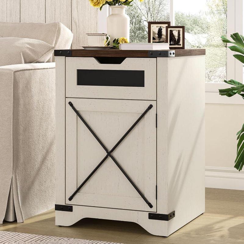 Photo 1 of **HAS SOME SCRATCHES**FiveWillowise Farmhouse End Table with Charging Station, 26.4" Tall Rustic Nightstand with Drawer and X Barn Door, Antique White Country Bedside Sofa Side Table for Living Room