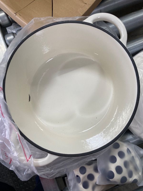 Photo 1 of ***DAMAGED  --ENAMEL CHIP INSIDE & OUTSIDE -SEE PHOTOS*** ----------- Enameled Cast Iron Dutch Oven - Umite Chef 5QT Pot with Lid & Cotton Potholders - Heavy-Duty Cookware for Bread Baking, Braising, Stews, Roasting(Cream White)