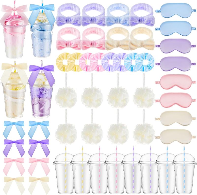 Photo 1 of ***MISSING PARTS***Nitial 56 Pcs Spa Party Supplies Including Spa Headband Sleep Eye Mask Velvet Scrunchies Bath Loofah Sponges Plastic Cup with Lids Straws for Sleepover Slumber Party Gift (Pink Purple Blue Yellow)
