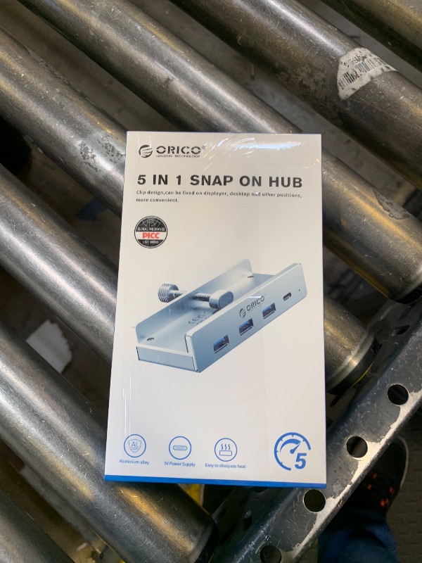 Photo 1 of ORICO USB Hub 3.0, Clamp USB Hub with Extra Power Supply Port, Aluminum 4-Port USB Adapter with 3 USB-A Data Ports, USB-C Port for Monitors, Desks (Black)