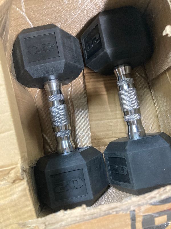 Photo 1 of ***MISSING PARTS -SELLING AS IS*** CAP Rubber Coated Hex Dumbbell Hand Weight Set  - Chrome Handle | Black Rack, 2 (20LBS), 2 (5LBS)