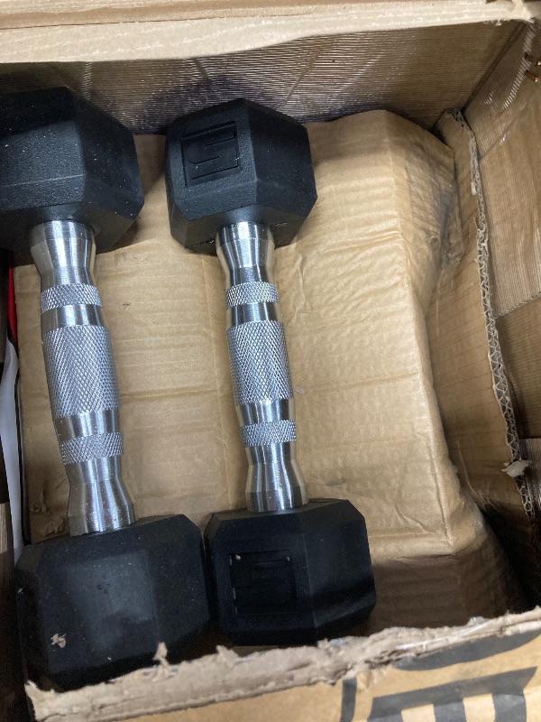 Photo 1 of ***MISSING PARTS -SELLING AS IS*** CAP Rubber Coated Hex Dumbbell Hand Weight Set  - Chrome Handle | Black Rack, 2 (20LBS), 2 (5LBS)