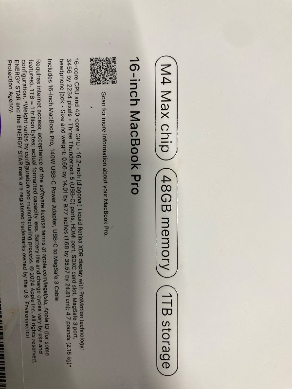 Photo 1 of ** factory sealed, its not permitted to return, not refund**Apple 2024 MacBook Pro Laptop with M4 Max, 16?core CPU, 40?core GPU: Built for Apple Intelligence, 16.2-inch Liquid Retina XDR Display, 48GB Unified Memory, 1TB SSD Storage; Space Black factory s