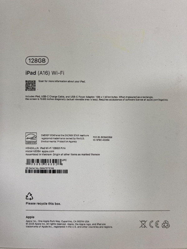 Photo 1 of ***Factory Sealed, is not permitted to Return,Not Refund**Apple iPad 11-inch: A16 chip, 11-inch Model, Liquid Retina Display, 128GB, Wi-Fi 6, 12MP Front/12MP Back Camera, Touch ID, All-Day Battery Life — Pink ** factory seal**