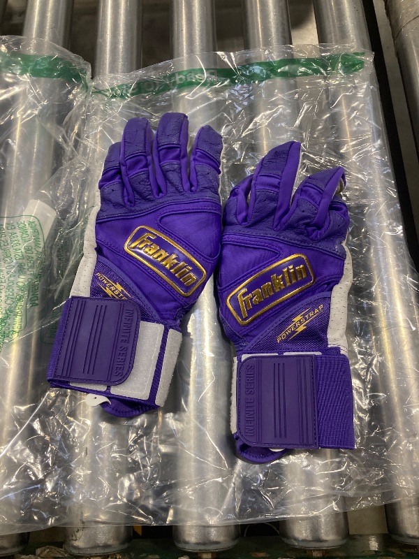 Photo 1 of Franklin Sports MLB Batting Gloves - Infinite Powerstrap Baseball + Softball Batting Gloves -Durable Full Wrap Cage Practice - Reinforced Wrist + Heavy Duty Leather - Adult Medium - Purple + Gold