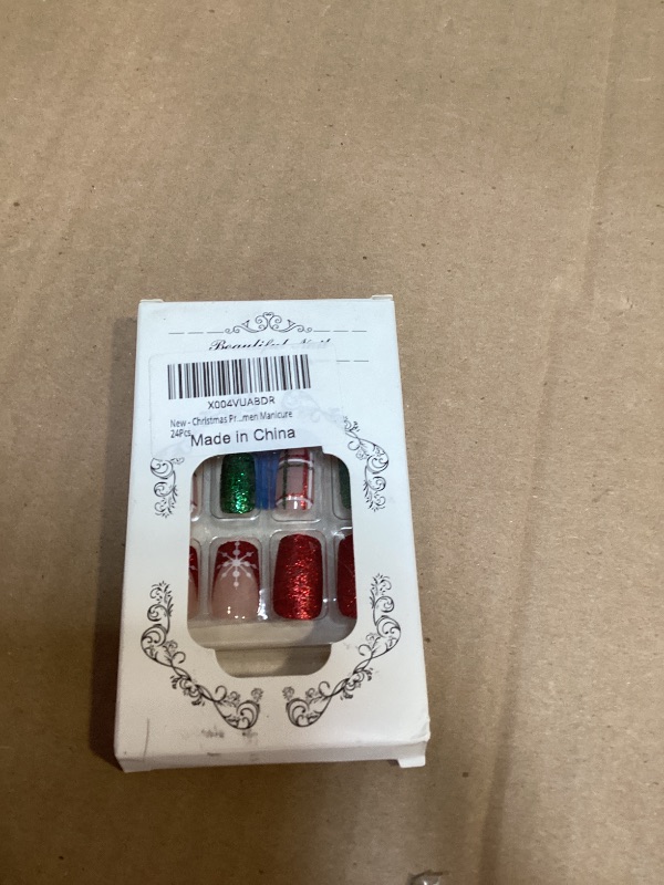 Photo 1 of Christmas Press on Nails Medium Square Nails Press on with Checkerboard Design Glossy Red Green Glitter Blue Glue on Nails Snowflake Fake Nails Winter Xmas Acrylic Nails for Women Manicure 24Pcs