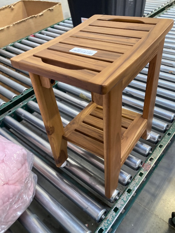 Photo 1 of 14" Compact Teak Shower Stool with Shelf & Handle - Waterproof, Non-Slip Bath Bench for Small Bathrooms/Tub/Outdoor Use, 300 lbs Capacity (Patented)