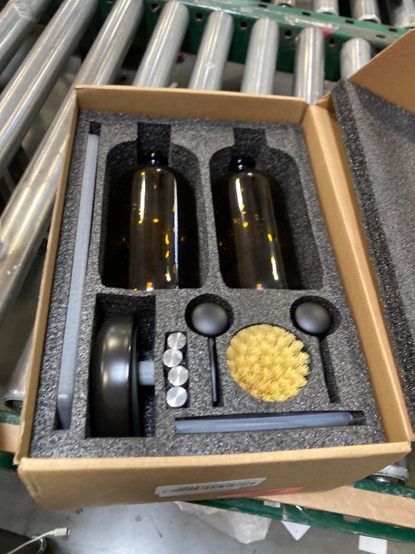 Photo 1 of [Luxury] Kitchen Soap Dispenser Set - 16OZ Amber Glass Bottle, Stainless Steel Pump, Instant Dry Tray, Waterproof Labels, Non-Slip Silicone Pad, and Dish Brush | Upgrade for Your Kitchen and Bathroom