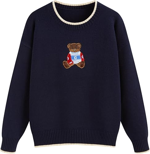 Photo 1 of CIDER Women's Fall Sweaters Long Sleeve Cute Sweaters Bear Graphic Crewneck Soft Knit Casual Cropped Pullover M