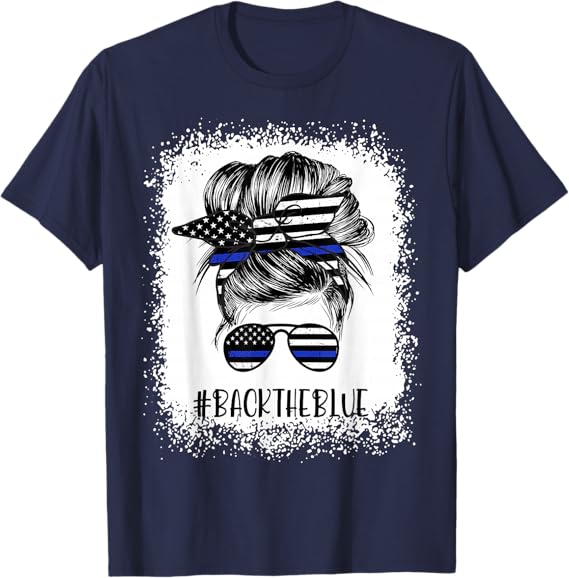 Photo 1 of Back The Blue Bleached Messy Bun The Blue Line Flag T-Shirt MED COLOR RED