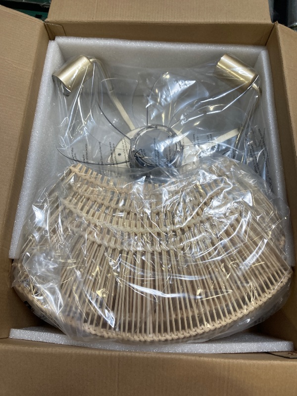 Photo 1 of 20'' Boho Rattan Ceiling Fan with Light, Coastal Caged Ceiling Fans with Lights and Remote Control, Enclosed Hidden Flush Mount with Reversible 6 Speeds for Living Room Bedroom Nursery