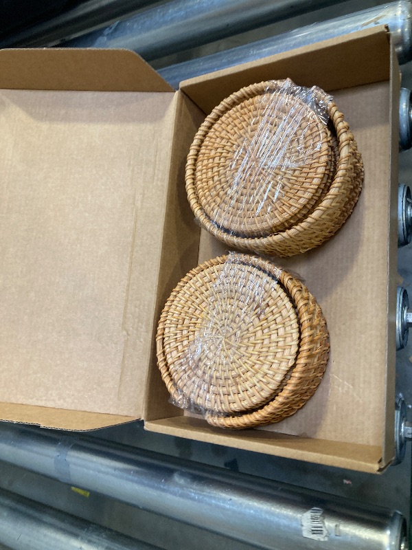 Photo 1 of 12 Pack Handmade Rattan Coasters with Holder, 4 Inch Natural Wicker Boho Drink Coasters Set, Heat Resistant Reusable Table Protectors for Home Decor, Brown