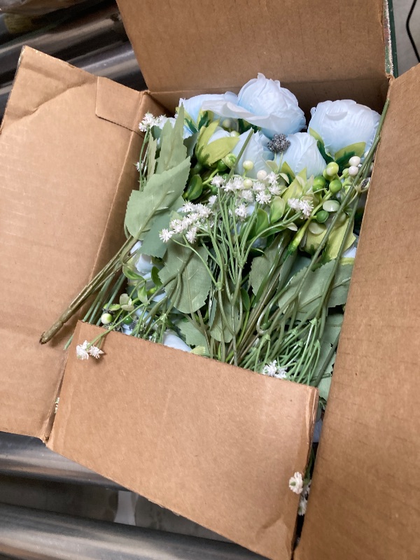 Photo 1 of Zeyune 6 Sets Mason Jar Centerpiece Table Decorations, Artificial Peony Baby's Breath Flower Bouquets, Faux Flowers with Vase, Rustic Decor Gifts for Home, Wedding, Holiday (Blue)