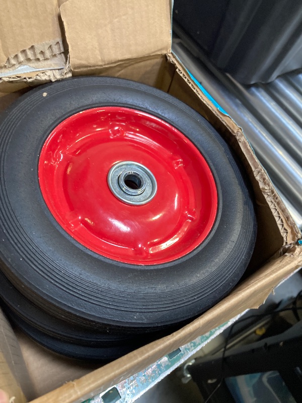 Photo 1 of Acshio 4 Pack Solid Rubber Tires, 8 Inch Flat Free Hand Truck Replacement Wheels with Ball Bearing 1/2-Inch Bore Axle Hole, Heavy Duty Garden Carts Replacement Tires for Wheelbarrow, Wagon (Black Red)