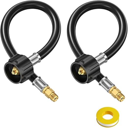 Photo 1 of 15-Inch RV Propane Tank Hose with Gauge, Stainless Steel Camper Propane Hose for RV 2-Stage Regulator, 1/4 Male NPT & QCC 1 Fittings, 350PSI, 2 Pack