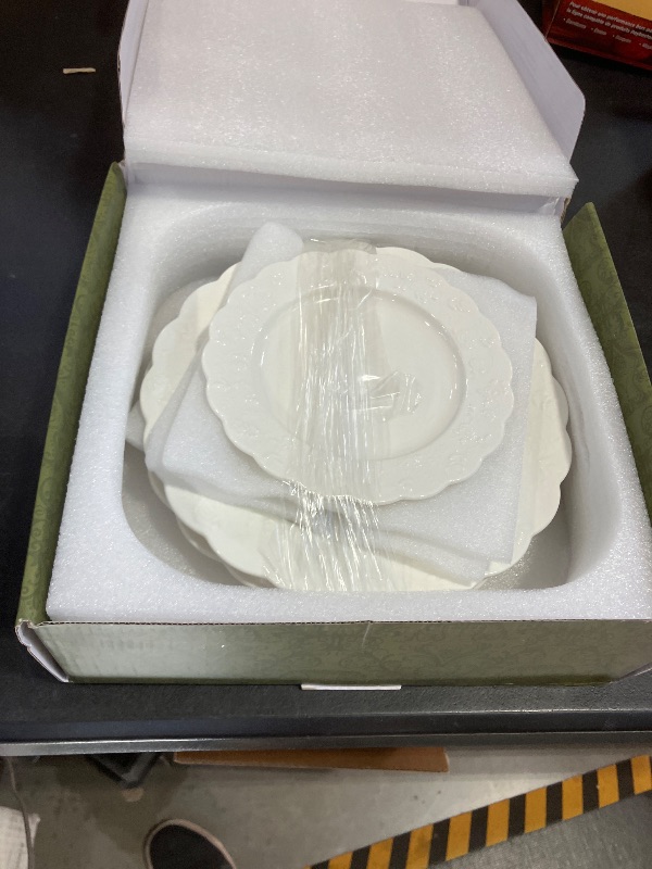 Photo 1 of 4 Piece Rose Embossed Porcelain Round Plate Set, 2x10 Inch Dinner Plates & 2x 7.3 Inch Salad Plates, White Scalloped Edge Dishware, Microwave,Dishes Set for Breakfast,Party, Kitchen, Housewarming Gift