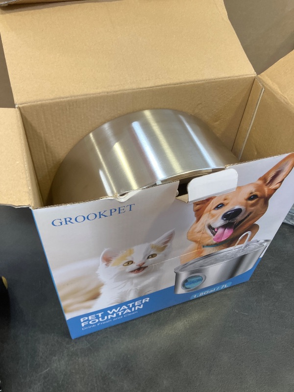View 2 of Dog Water Fountain for Large Dogs: Big Cat Water Fountain Stainless Steel -1.8Gal/7L Big Quiet Cats Water Bowl Dispenser- Pet Water Fountains for Dogs - 8 Filters + 8 Sponge Filters - GROOKPET