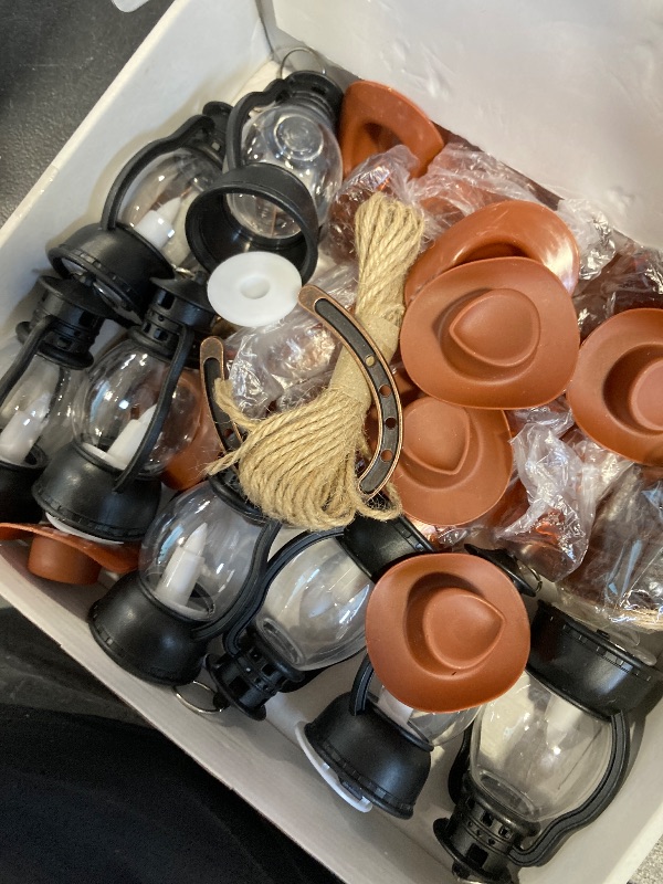 Photo 1 of Meneng Western Themed Party Decorations Set: 40Pcs Cowboy Table Centerpieces Decor Supplies - Lucky Horseshoe Mini Lantern Wooden Wagon Wheel for Wedding Birthday Gatherings