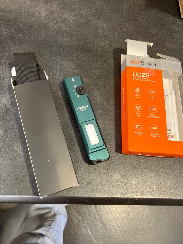 Photo 1 of ACEBEAM UC25 3100 High Lumens Tactical EDC Flat Flashlight with Green Beam, UV, White LED and Auxiliary Light Combo, Rechargeable Pocket Flashlight, Teal Color