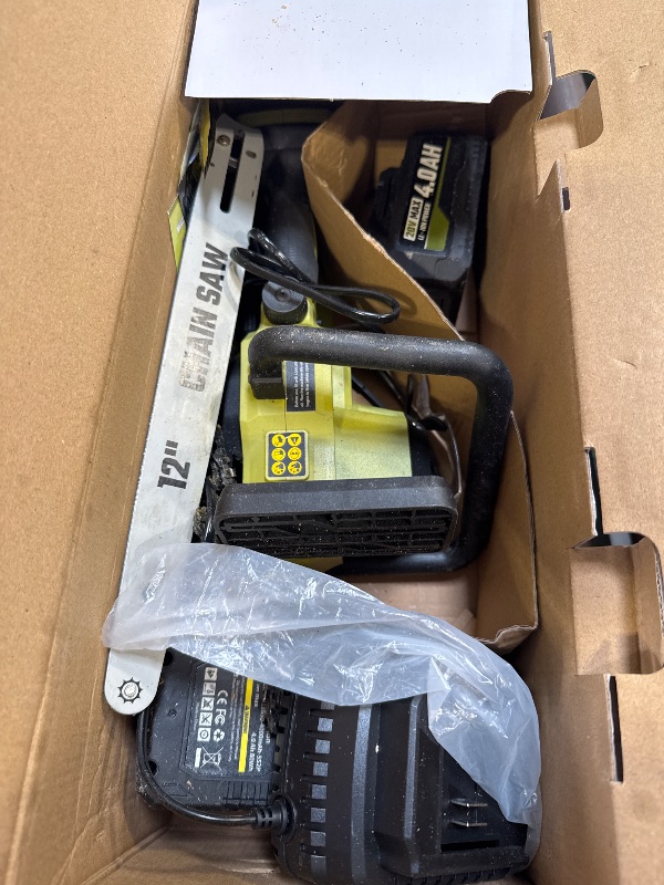 Photo 1 of 12 In Electric Chainsaw Cordless, 20V Battery Chain Saw with 2x4.0Ah Li-ion Batteries, 2 x Chains, with Tool-free Chain Tension, Auto Oiling for Wood Cutting, Tree Trimming and Branch Pruning