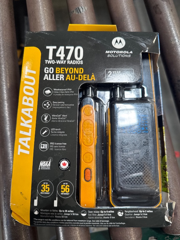 Photo 1 of Motorola T470 Talkabout Two Way Radios, Long Range Emergency Rechargeable Waterproof Walkie Talkies 22 Channel, 35 Mile outdoor Black Yellow, 2 Pack