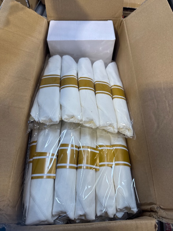 Photo 1 of Nervure 350PCS Gold Plastic Plates - Gold Plastic Dinnerware Sets for 50 Guests - 100 Disposable Plates, 150 Silverware, 50 Cups, 50 Napkins for Wedding & Party