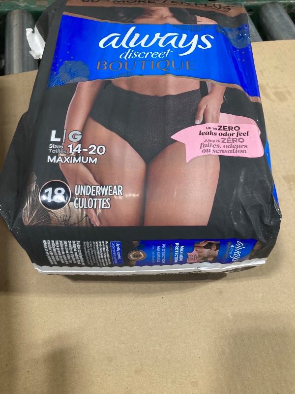 Photo 1 of Always Discreet Boutique Incontinence and Postpartum Underwear for Women, Maximum Protection, Large, Black, 18 Count