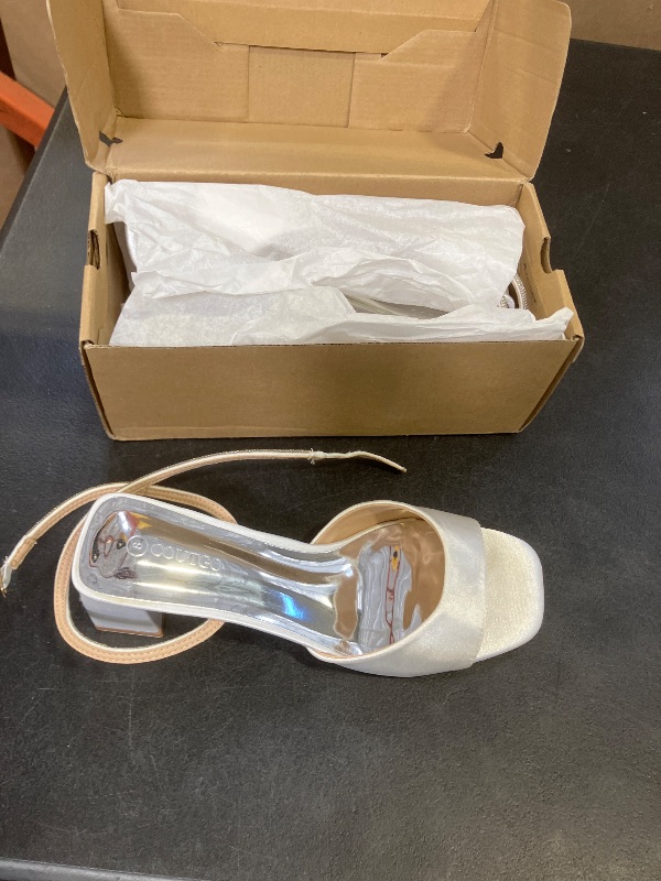 Photo 1 of Coutgo Womens Heeled Sandals Rhinestone Chunky Low Heels Satin Square Toe One Strap Ankle Buckle Dress Shoes, White, Size 8