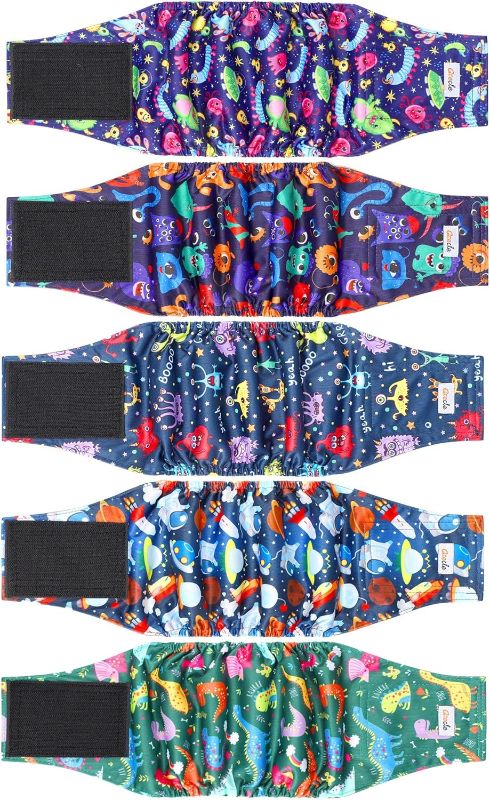 Photo 1 of 5 Pack Dog Diapers Male Reusable, Premium Belly Bands for Dogs, High Absorbing Male Dog Pee Wraps for Doggie in Incontinence or Excitable Urination and Training Cartoon M

