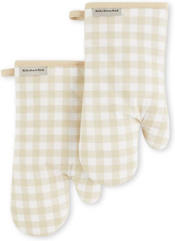 Photo 1 of KitchenAid Gingham Oven Mitt 2-Pack Set, Milkshake, 7"x13"
