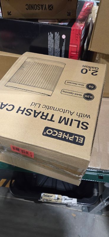 Photo 1 of ELPHECO Bathroom Trash Can with Lid 2 Gallon Motion Sensor Garbage Can 7.5 Liter Small Trash can Touchless Bathroom Decor Waterproof Smart Waste Bin with Stripes for Bedroom, Office (White-Black)