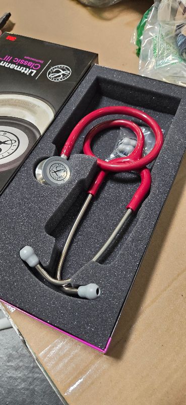 Photo 1 of 3M Littmann Classic III Monitoring Stethoscope, 5627, More Than 2X as Loud, Weighs Less, Stainless Steel Chestpiece, 27" Burgundy Tube