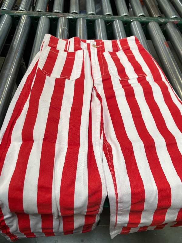 Photo 1 of Tankaneo Womens Cropped Striped Jeans Casual High Waisted Stretchy Straight Leg Denim Pants with Pockets Red size 4