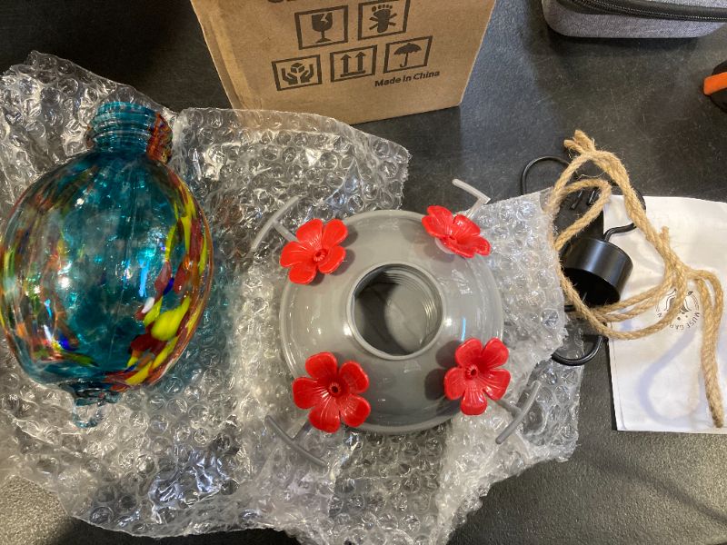 Photo 1 of Muse Garden Hand Blown Glass Hummingbird Feeder - 19OZ Plastic Base Humming Bird Feeders for Outdoors Hanging, Garden Decor Gifts for Bird Lovers, Blue Fireworks